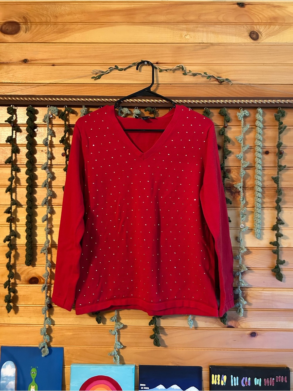 Tommy Hilfiger Red V-Neck Long Sleeve Top with Stud Accents